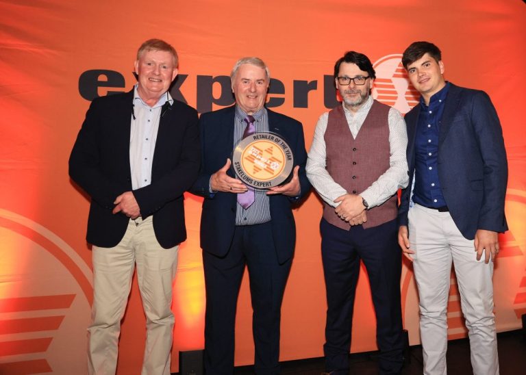 Stakelums Expert Team members accepting Retailer of the Year award at Mount Wolseley hotel - L to R: John Stakelums (Director), Sean Swan (Vice Chairman Expert Ireland), Colm Fitzgibbon (Store Manager) & Patrick Stakelum (Operations Manager)